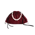Burgundy velvet drawstring bucket bag with elegant white pearl chain handle and crossbody strap - Burgundy