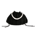 Chic black drawstring bucket bag with elegant oversized white pearl handle - Black