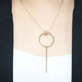 Gold-tone layered geometric necklace with circle and bar pendant worn on neck - Top Round Bead Ring Long Bar Drop Style (7#)