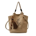 Beige matte Beuteltasche mit schwarzer Bogenschleife und Quasten-Holzperlen - Mit Anhänger / Gebrochenes Weiß