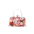 Red formal evening bag featuring 3D floral appliqués and a round gold metal handle - Red