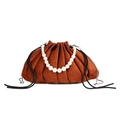 Brown suede ruched bucket bag with pearl handle decoration and silver chain strap - Brown