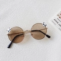 Close-up of golden metal round frame kids sunglasses with cute panda cartoon details - Champagne Lens (Panda Decoration)