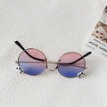 Close-up of kids round metal sunglasses with panda decor and pink blue gradient lenses - Blue Pink Gradient Lens (Panda Decoration)