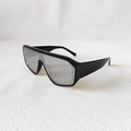 Macro side view of oversized black shield sunglasses with silver mirrored lenses - Black Frame Silver Mirror Lens