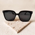 Classic black oversized sunglasses with silver double dot metal accents on beige stone base - Metallic Double Horizontal Studs