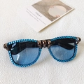 Square fashion sunglasses featuring sky blue rhinestones and metallic skull accents - Black Frame Blue Rhinestone
