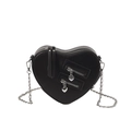 Stylish heart shaped black PU leather crossbody bag with silver chain and dual zippers - Black