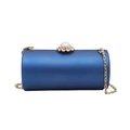 Elegant royal blue satin cylinder clutch bag with large pearl clasp and gold chain - Blue