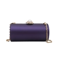Deep purple cylindrical satin evening clutch bag with gold pearl clasp and chain strap - Purple