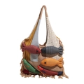 Borsa a secchiello in maglia beige fatta a mano con pesci colorati e frange - Cachi