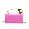 Vibrant pink leather crossbody bag featuring a large gold safety pin handle and chain - Pink