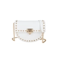 Borsa a sella in pelle martellata bianca con borchie dorate e tracolla a catena - Bianco