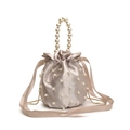 Elegant champagne satin drawstring bucket bag with pearl embellishments and a top handle - Silver