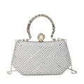 Elegante borsa da sera bianca con perle, cristalli geometrici e manico argentato - Argento