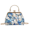Sac coquille vintage bleu roi avec broderie papillon et poignée dorée fleurie - Bleu