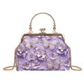 Sac brodé papillon violet élégant avec poignée dorée et bandoulière en chaîne - Violet