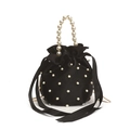 Elegant black satin bucket bag with white pearl embellishments and gold chain strap - Black