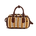 Bolso Boston de tejido en contraste con asas de cuero marrón y correa ajustable - Marrón Pequeño