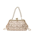 Elegant champagne sequin shell bag with pearl handle and golden chain for women - Gold