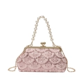 Pink sequin shell clutch bag with pearl handle and golden chain for evening parties - Pink