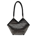 Chic black bucket bag featuring silver rivet studs and a deep V-cut top handle design - Black