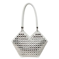 White bucket shoulder bag with silver metallic studs and V-cut design for women - White