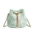 Borsa a secchiello in denim verde chiaro con trapuntatura a frange e catena dorata - Verde e Bianco