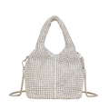 Silver rhinestone bucket bag with sparkling crystal handle and fine metal chain strap - White