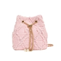 Pink denim bucket bag with frayed quilted patterns and pearl chain strap accents - Pink