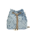 Light blue denim bucket bag with quilted fringe, chain strap and pearl charms detail - Blue