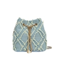Light blue denim bucket bag with frayed diamond pattern and large pearl chain detail - Light Blue