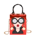 Red box bag with pop art lady print and silk scarf handle featuring gold chain strap - Red