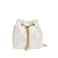 White denim bucket bag with quilted pattern, gold chain strap and pearl drawstring detail - White