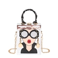 Silver mirror box bag with pop art lady print, silk scarf handle, and gold chain strap - Silver