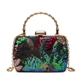 Pochette de soirée luxe à paillettes colorées, poignée bambou dorée et fermoir strass - Vert