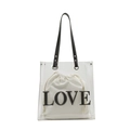 Transparente PVC-Tote-Bag mit LOVE-Patch, schwarzen Ledergriffen und weißem Canvas-Beutel - Weiß