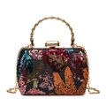 Pochette de soirée pailletée avec poignée en bambou doré et broderies de fleurs chic - Orange