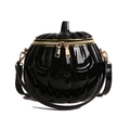 Glossy black pumpkin shaped crossbody bag with gold hardware for Halloween costume - Black