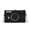 Fashionable black camera-shaped clutch bag with silver chain strap and sequin details - Black