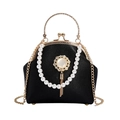 Black pebbled leather shell bag with gold handle pearl strap and sunflower tassel - Pendant Black