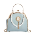 Elegant light blue pearl handbag with gold ring handle and detachable chain strap - Pendant Blue