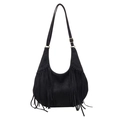 Schwarze mattierte Wildleder-Hobo-Tasche mit Retro-Fransen und Schultergurt - Schwarz