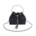 Schwarze Samt-Beuteltasche mit Leopardenmuster, silbernem Rundgriff und Quasten-Detail - Schwarz