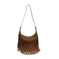 Brown faux suede hobo bag with bohemian fringe and crossbody strap on white background - Brown