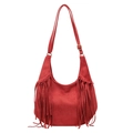Boho Hobo-Tasche aus rotem Veloursleder mit langen Fransen und verstellbarem Riemen - Rot