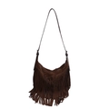 Donkerbruine matte suède hobo tas met lange bohemian franjes en dunne schouderriem - Bruin