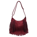 Dark red vintage suede crossbody bag featuring dense bohemian fringes and adjustable strap - Burgundy