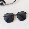 Oversized black hexagonal sunglasses with dark grey lenses and slim metal frames - Black Frame Black Gray Lens
