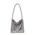 Borsa hobo con paillettes argento e manico a corda intrecciata per moda festa donna - Argento